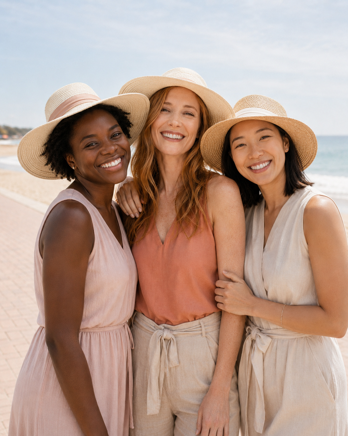 Amigas de diferentes tons de pele sorrindo juntas na praia